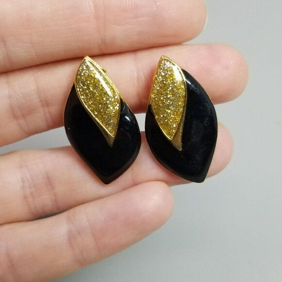 Vintage Black Enamel and Gold Glitter Clip On earrings, Retro 80s Style, Estate - Picture 6 of 6